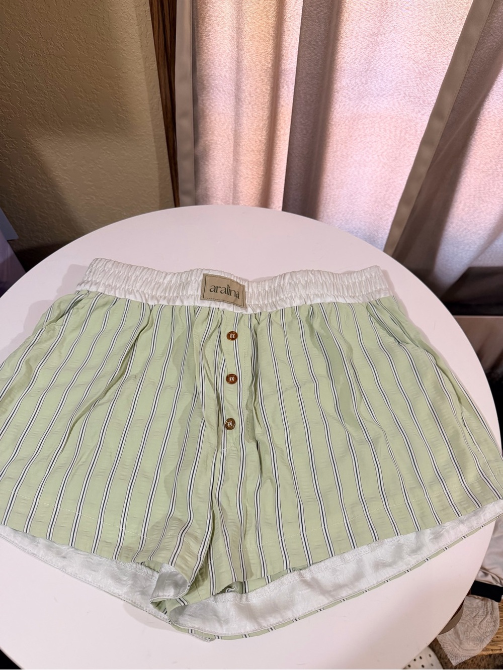 Aralina Light Green Striped Women's boxer/athletic Shorts with Button Front